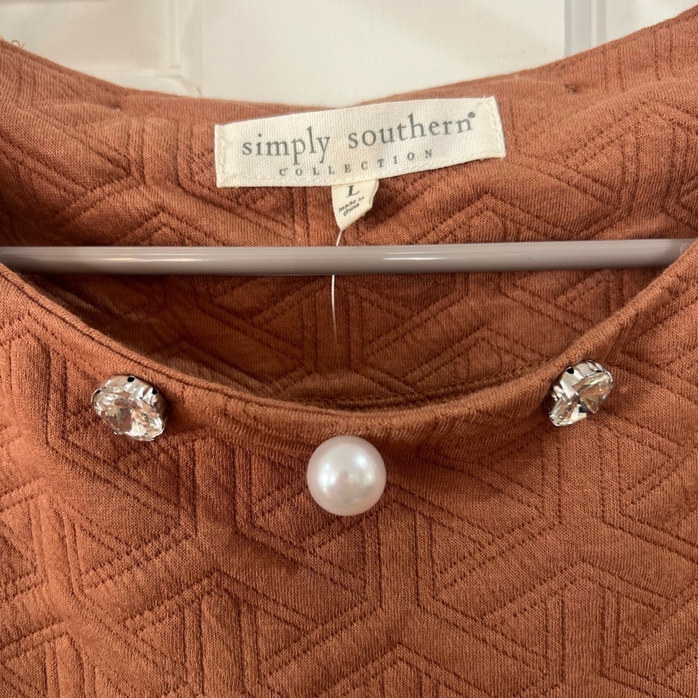 Simply Southern Rust Textured Midi Dress with Pearl Neckline - Picture 4 of 5